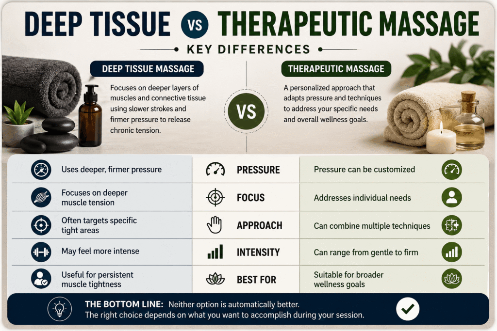 Deep tissue vs therapeutic massage infographic comparing pressure, muscle focus, treatment approach, intensity, and wellness goals.