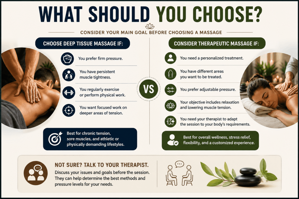 Deep tissue vs therapeutic massage guide showing which massage to choose for firm pressure, muscle tension, relaxation, and personalized treatment.